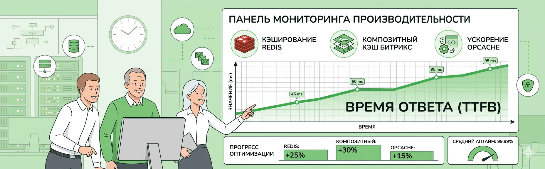 График роста производительности Битрикс после включения композитного кэша и Redis