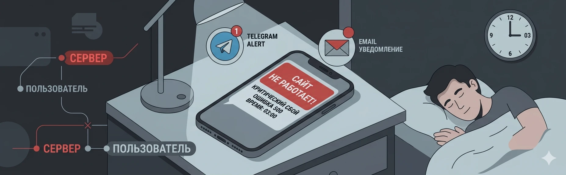 Смартфон с уведомлением о падении сайта и иконками Telegram и email