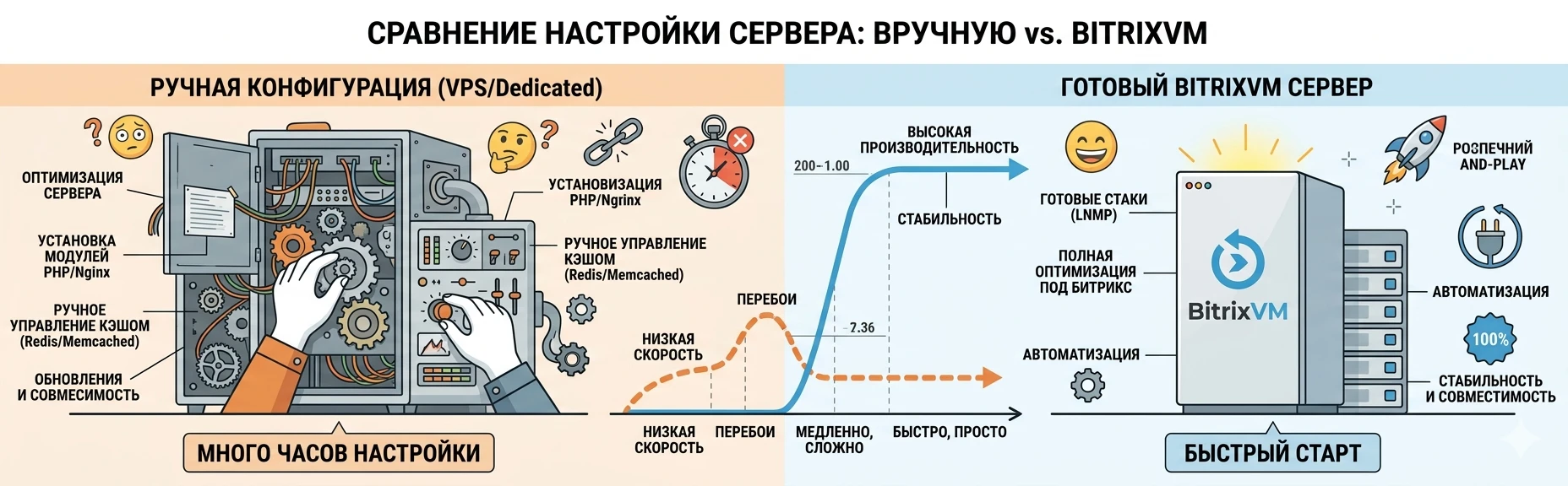 Сравнение ручной настройки Битрикс на VPS и использования BitrixVM